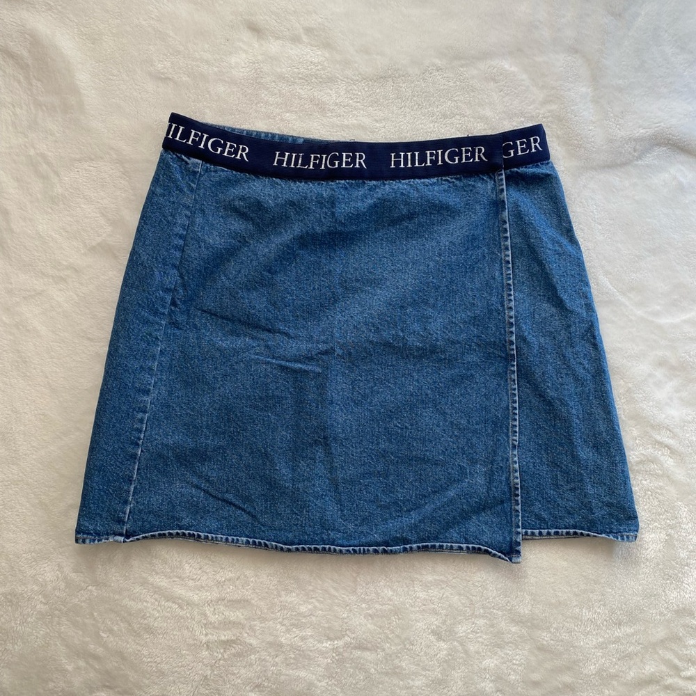 Vintage 90s TOMMY HILFIGER Wrapped Denim Skirt Branded Elastic Waistband Size 8